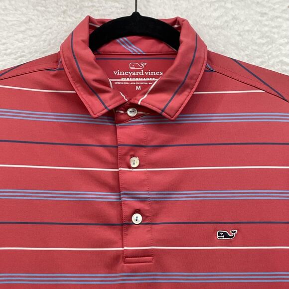 Vineyard Vines Polo Shirt Mens Medium Red Striped Performance Golf RFR Whale - Picture 4 of 12